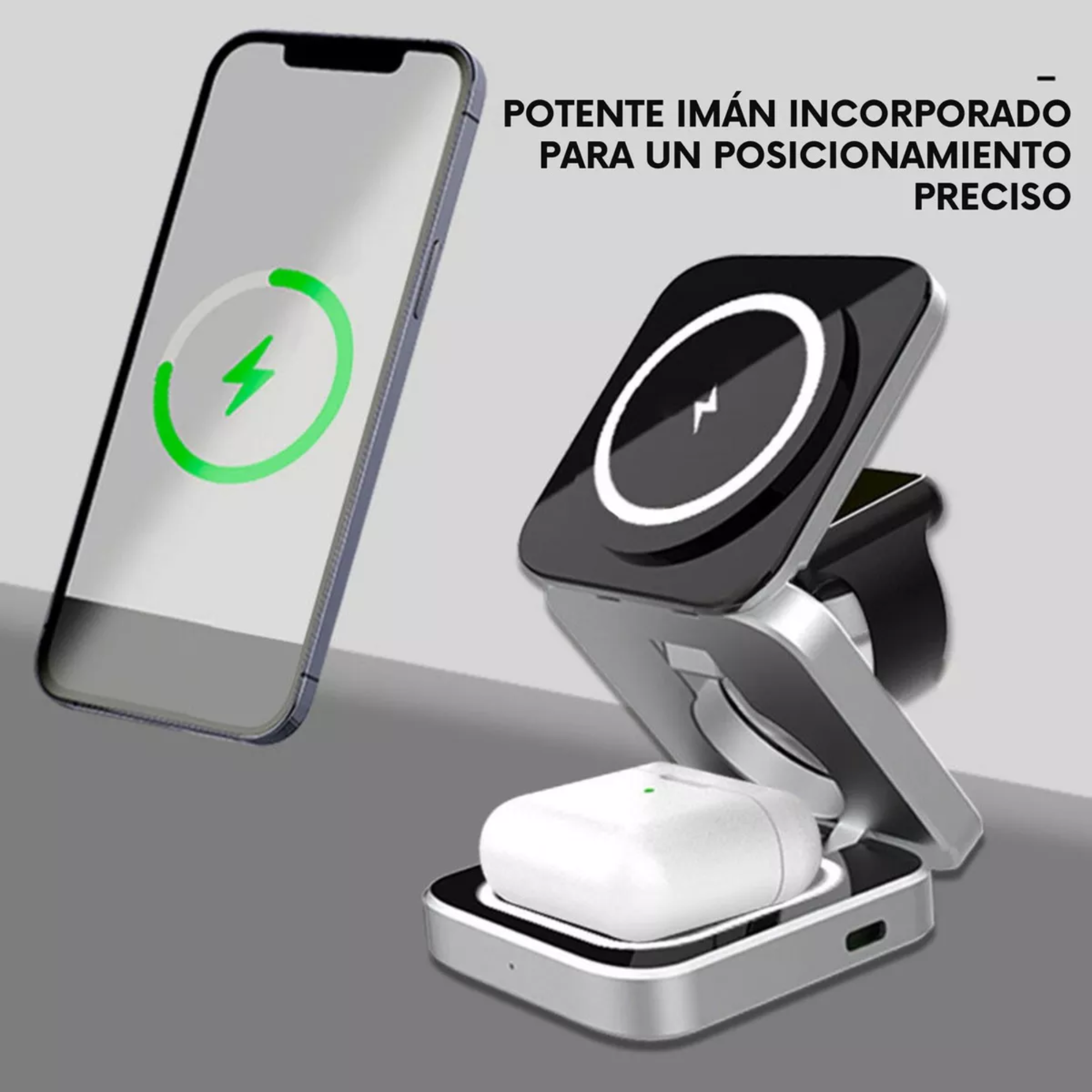 Mr. Gadgets Cargador Inalámbrico 3 En 1 Plegable Magnético Soporte Estacion De Carga Rapida 15w Qi Para iPhone, AirPods, Apple Watch, Color Negro