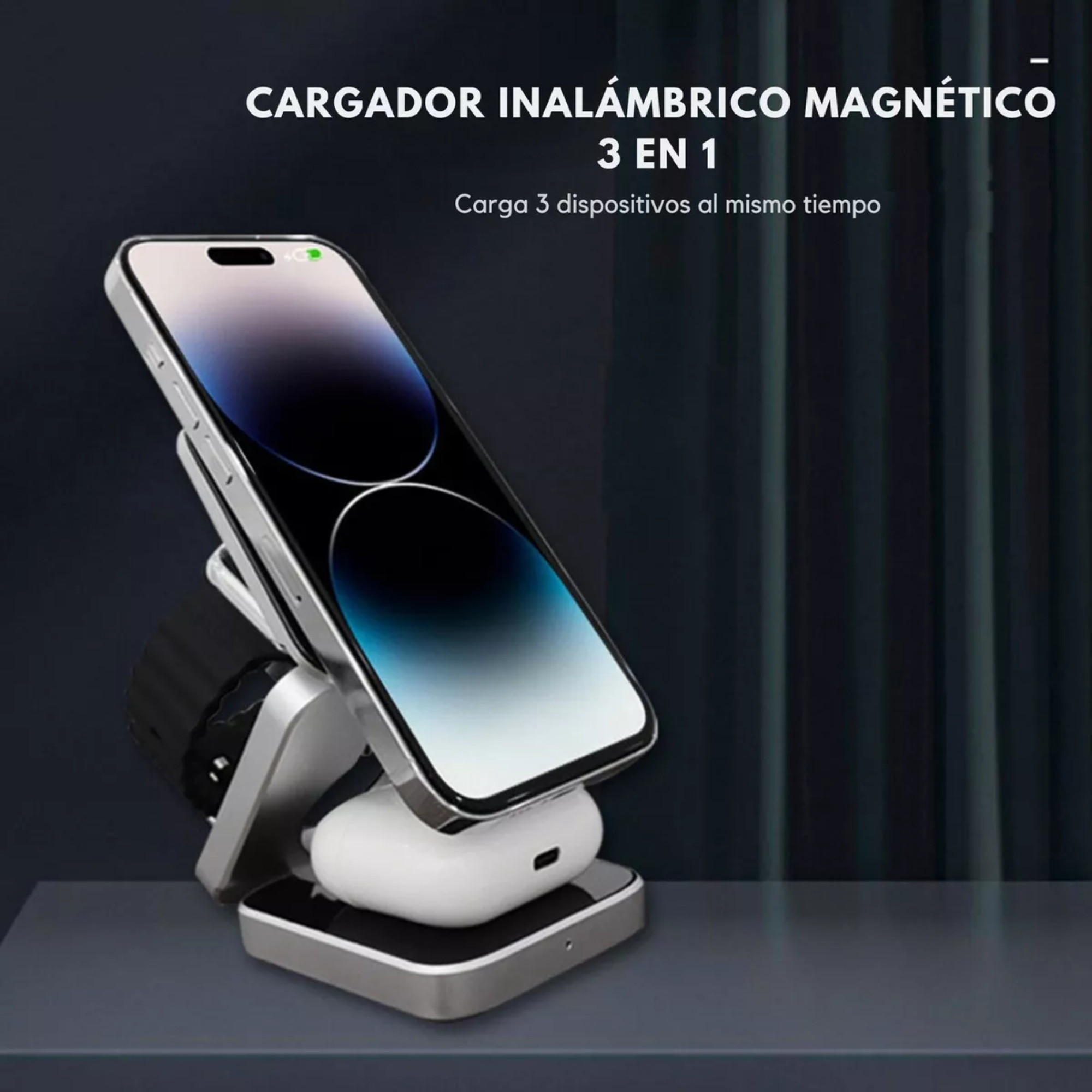 Mr. Gadgets Cargador Inalámbrico 3 En 1 Plegable Magnético Soporte Estacion De Carga Rapida 15w Qi Para iPhone, AirPods, Apple Watch, Color Negro