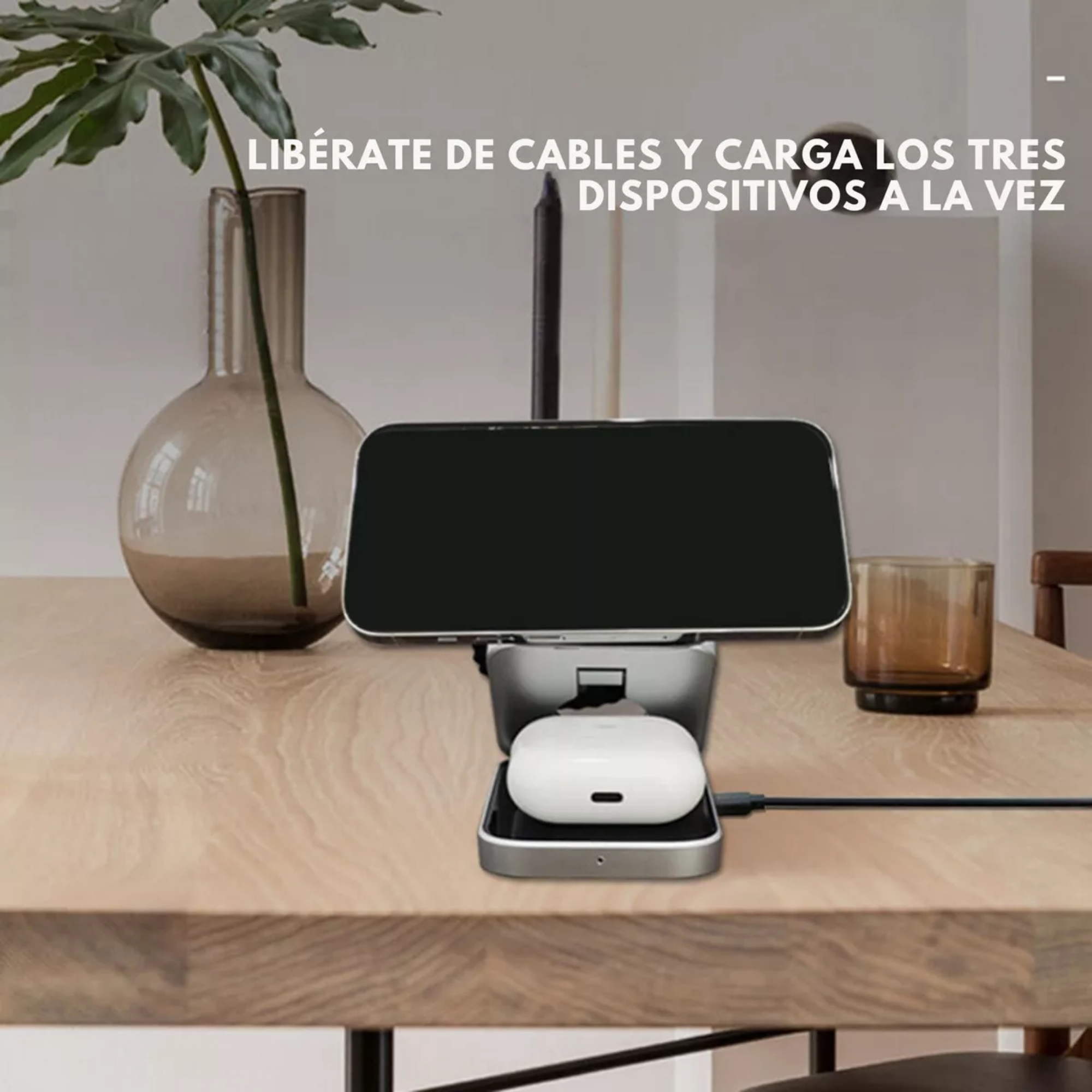 Mr. Gadgets Cargador Inalámbrico 3 En 1 Plegable Magnético Soporte Estacion De Carga Rapida 15w Qi Para iPhone, AirPods, Apple Watch, Color Negro