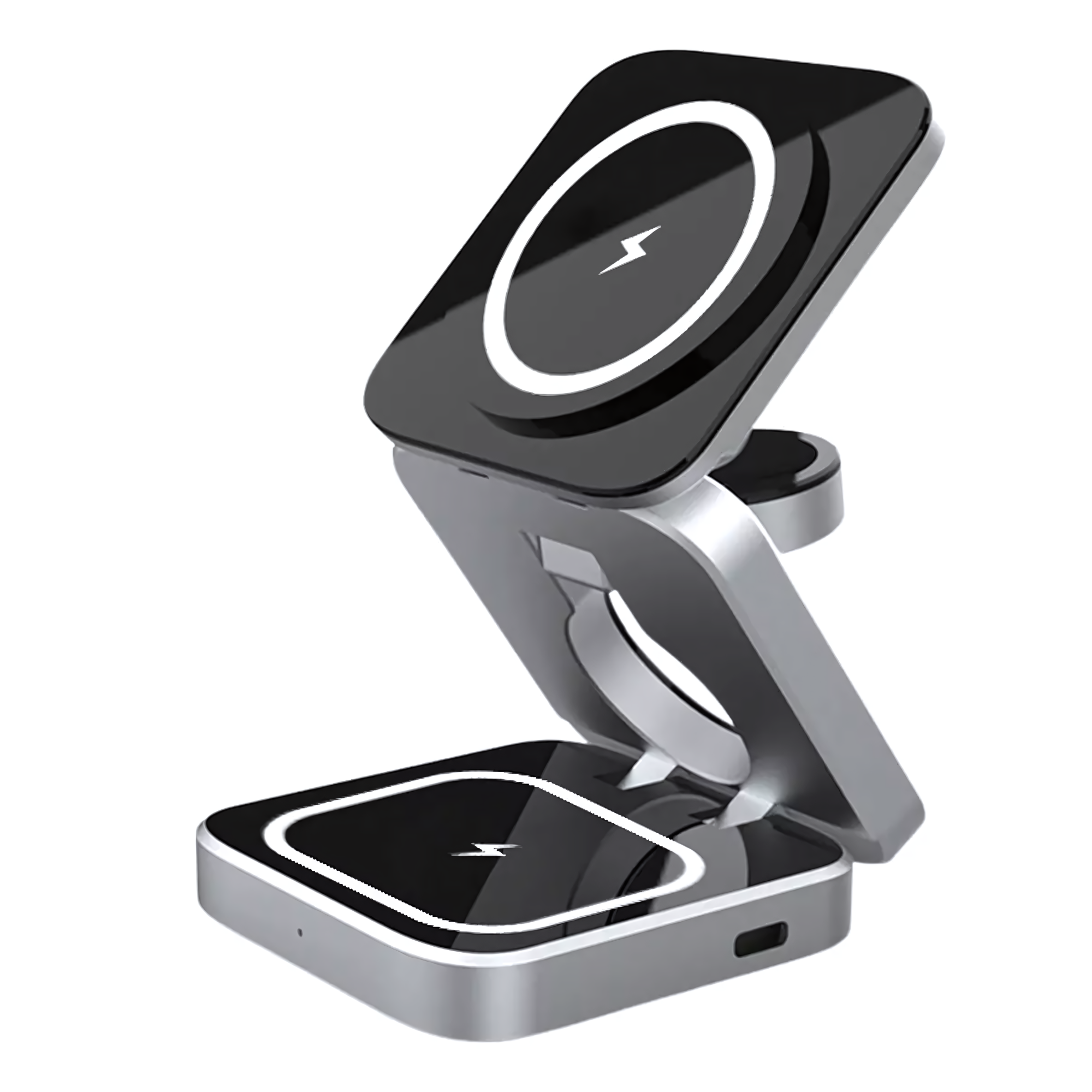 Mr. Gadgets Cargador Inalámbrico 3 En 1 Plegable Magnético Soporte Estacion De Carga Rapida 15w Qi Para iPhone, AirPods, Apple Watch, Color Negro