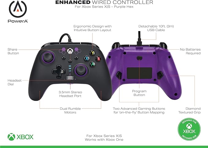 PowerA Control Mejorado Alámbrico para Xbox Series X|S - Purple Hex - Standard Edition.