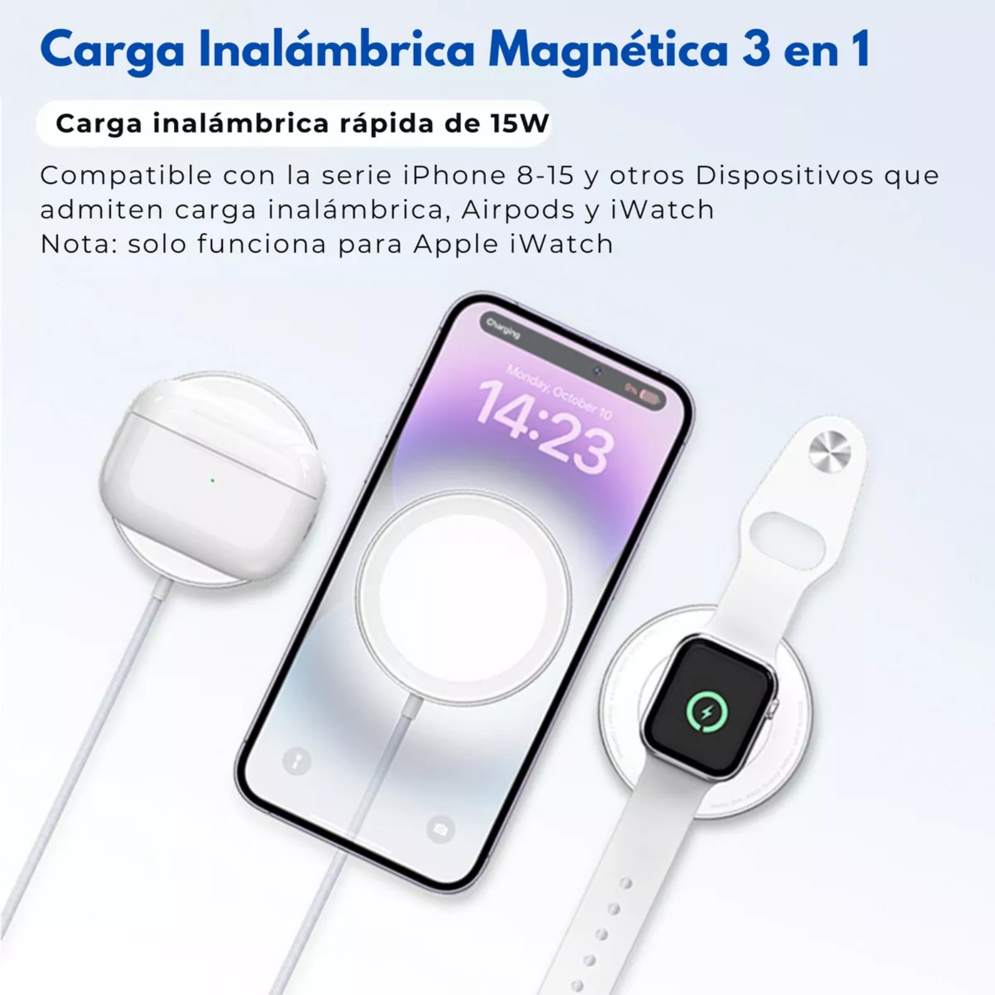 Mr. Gadgets Cargador Inalámbrico 3 En 1 Para iPhone Magsafe Compatible Con Apple Watch Carga Simultanea: iPhone, Apple Watch y AirPods Color Blanco