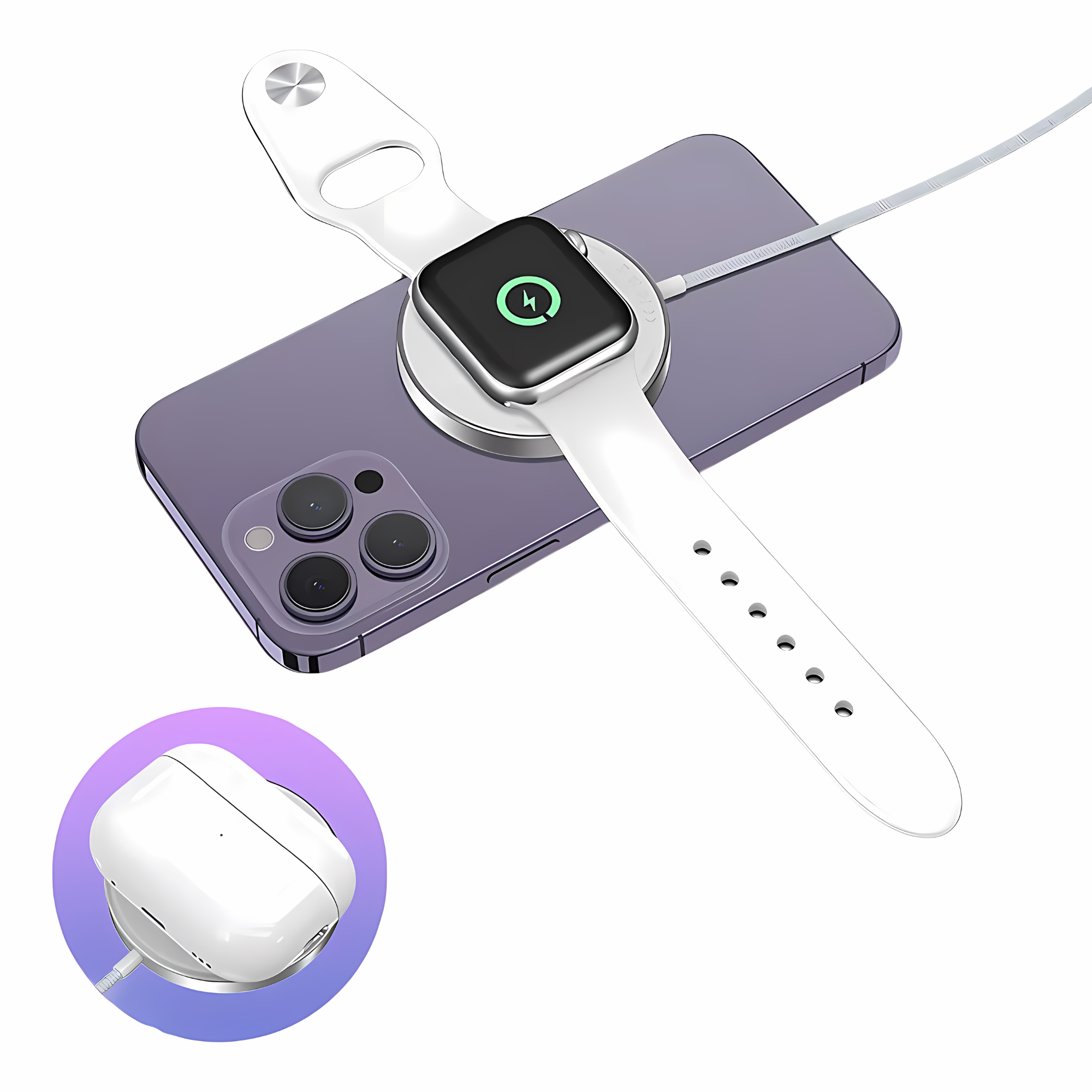 Mr. Gadgets Cargador Inalámbrico 3 En 1 Para iPhone Magsafe Compatible Con Apple Watch Carga Simultanea: iPhone, Apple Watch y AirPods Color Blanco