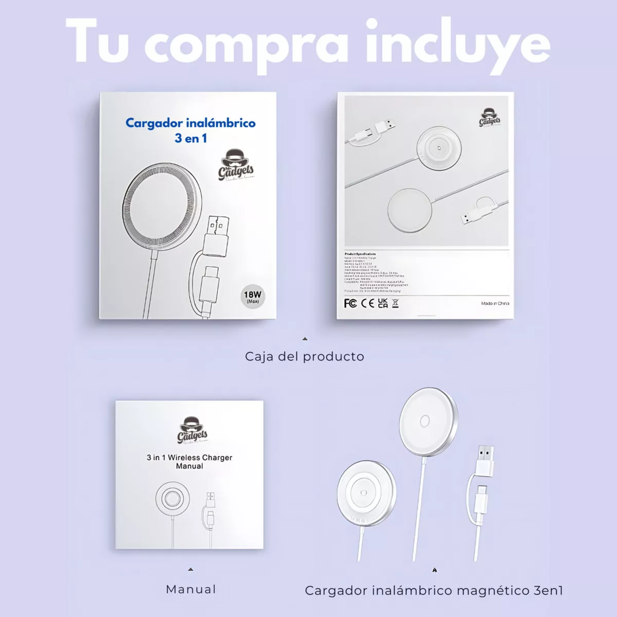 Mr. Gadgets Cargador Inalámbrico 3 En 1 Para iPhone Magsafe Compatible Con Apple Watch Carga Simultanea: iPhone, Apple Watch y AirPods Color Blanco