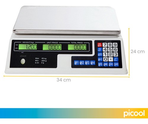 Báscula Comercial Digital 40 Kg Recargable Tecla Tara Picool Color Blanco