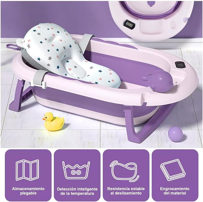 A Tina de Baño para Bebé Plegable con Termómetro y Cojín Antideslizante – Ideal para Viajes, Segura y Ecológica, Incluye Accesorios de Baño, Púrpura.