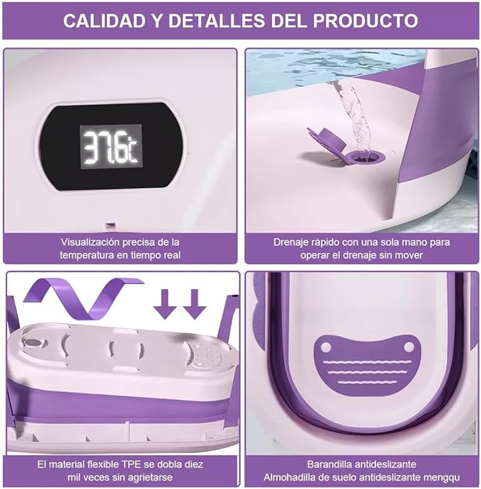A Tina de Baño para Bebé Plegable con Termómetro y Cojín Antideslizante – Ideal para Viajes, Segura y Ecológica, Incluye Accesorios de Baño, Púrpura.