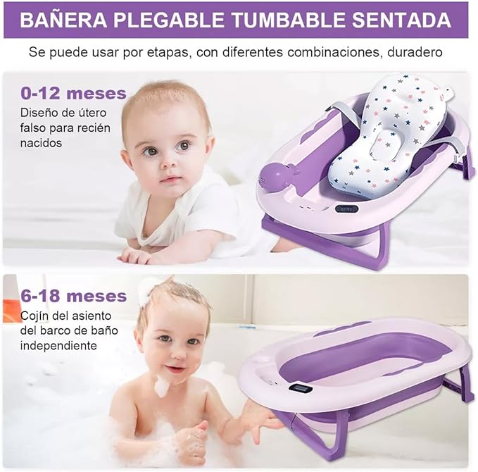 A Tina de Baño para Bebé Plegable con Termómetro y Cojín Antideslizante – Ideal para Viajes, Segura y Ecológica, Incluye Accesorios de Baño, Púrpura.
