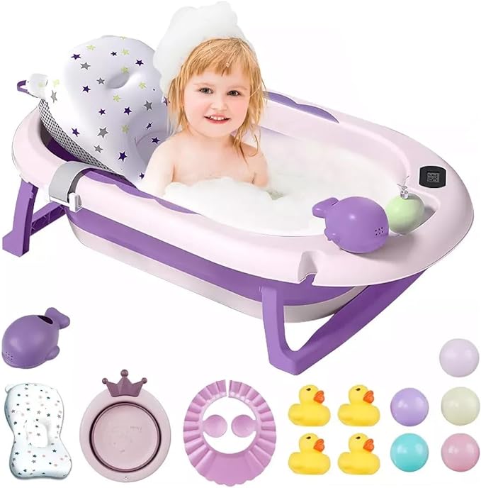 A Tina de Baño para Bebé Plegable con Termómetro y Cojín Antideslizante – Ideal para Viajes, Segura y Ecológica, Incluye Accesorios de Baño, Púrpura.