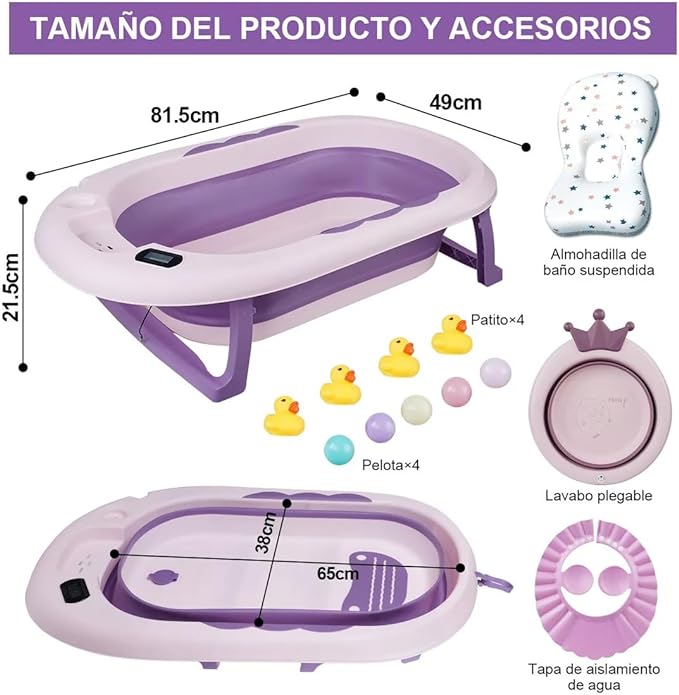 A Tina de Baño para Bebé Plegable con Termómetro y Cojín Antideslizante – Ideal para Viajes, Segura y Ecológica, Incluye Accesorios de Baño, Púrpura.
