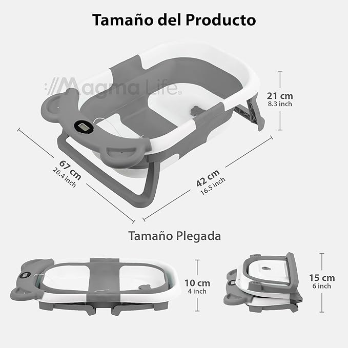 A Magma Life Bañera para Bebé: Moderna Tina de Baño Plegable para Bebé, con Sensor de Temperatura y Cojín Antideslizante, Segura para Bebé Recién Nacido a 12 meses. ¡Garantiza Tranquilidad y Practicidad para tu Bebé! (Gris).