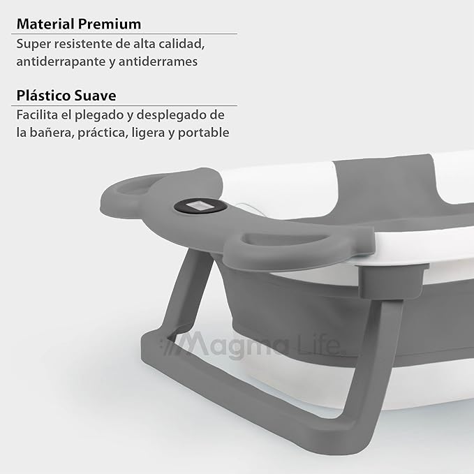 A Magma Life Bañera para Bebé: Moderna Tina de Baño Plegable para Bebé, con Sensor de Temperatura y Cojín Antideslizante, Segura para Bebé Recién Nacido a 12 meses. ¡Garantiza Tranquilidad y Practicidad para tu Bebé! (Gris).