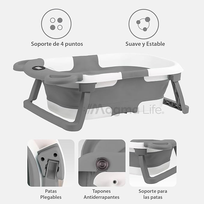 A Magma Life Bañera para Bebé: Moderna Tina de Baño Plegable para Bebé, con Sensor de Temperatura y Cojín Antideslizante, Segura para Bebé Recién Nacido a 12 meses. ¡Garantiza Tranquilidad y Practicidad para tu Bebé! (Gris).
