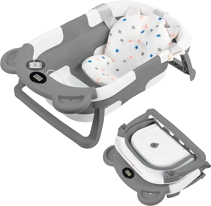 A Magma Life Bañera para Bebé: Moderna Tina de Baño Plegable para Bebé, con Sensor de Temperatura y Cojín Antideslizante, Segura para Bebé Recién Nacido a 12 meses. ¡Garantiza Tranquilidad y Practicidad para tu Bebé! (Gris).