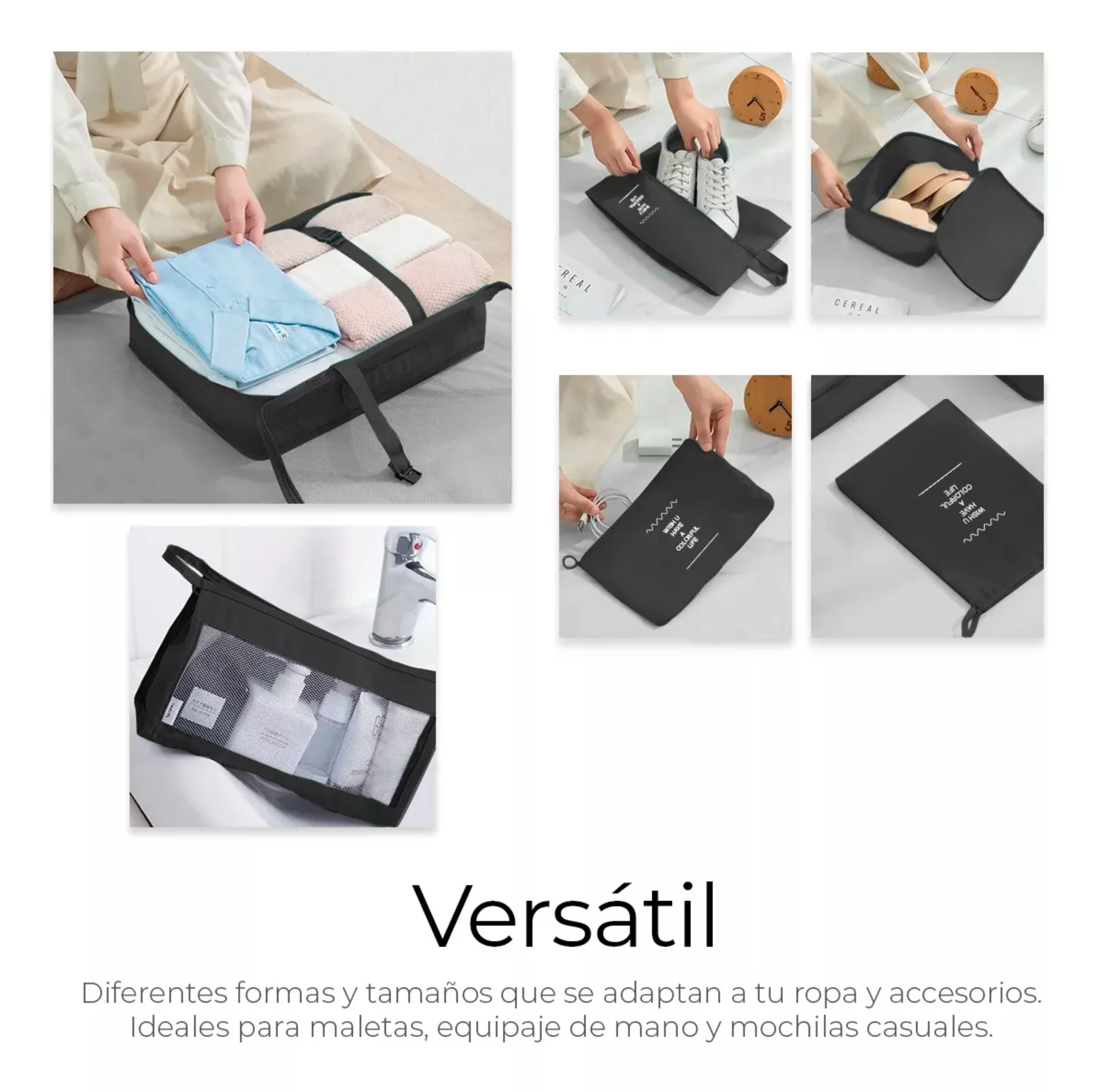  Organizadores De Maletas Para Viaje Raga Impermeable Set 8 Piezas Color Negro Marca Kwala.