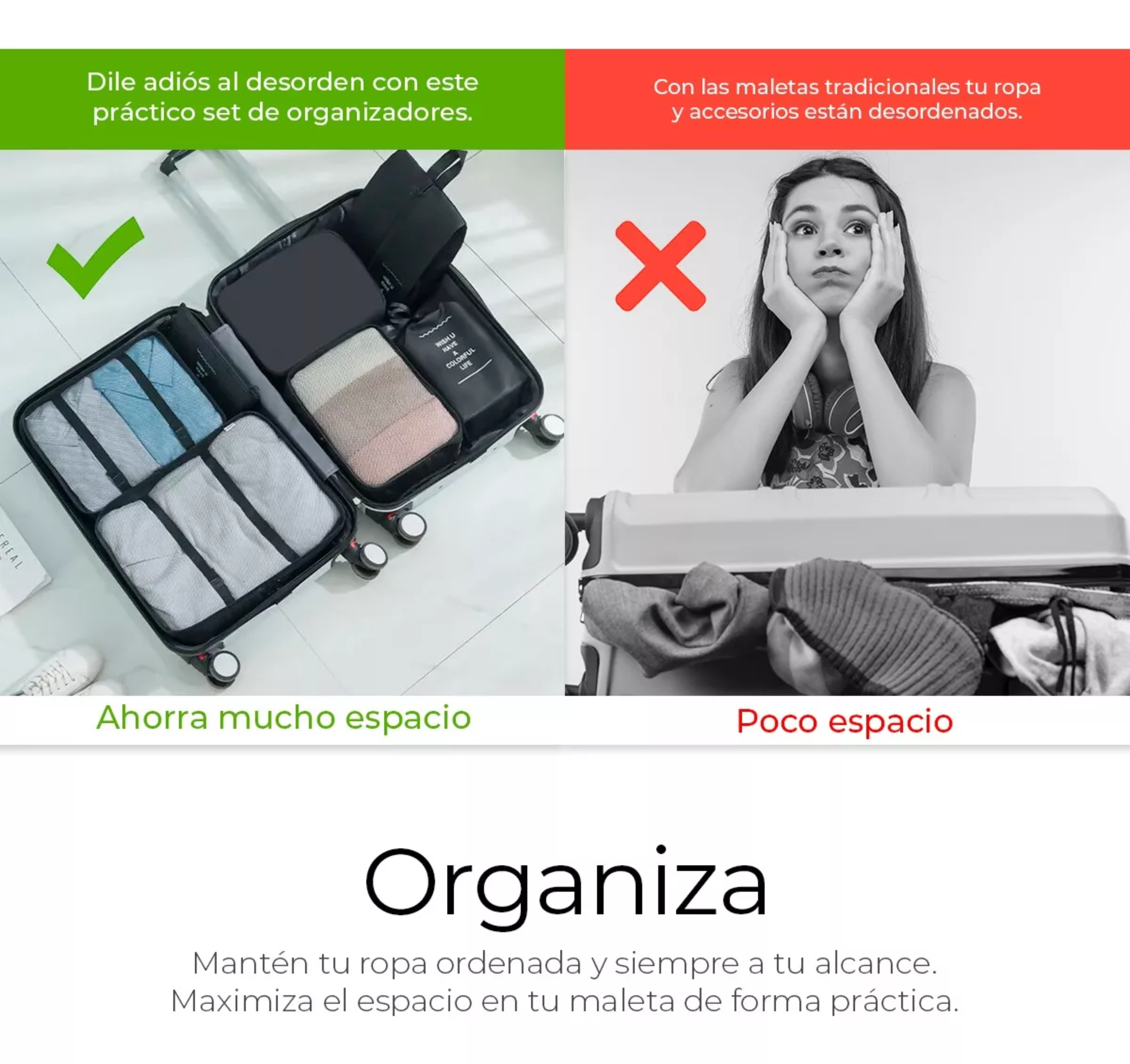  Organizadores De Maletas Para Viaje Raga Impermeable Set 8 Piezas Color Negro Marca Kwala.