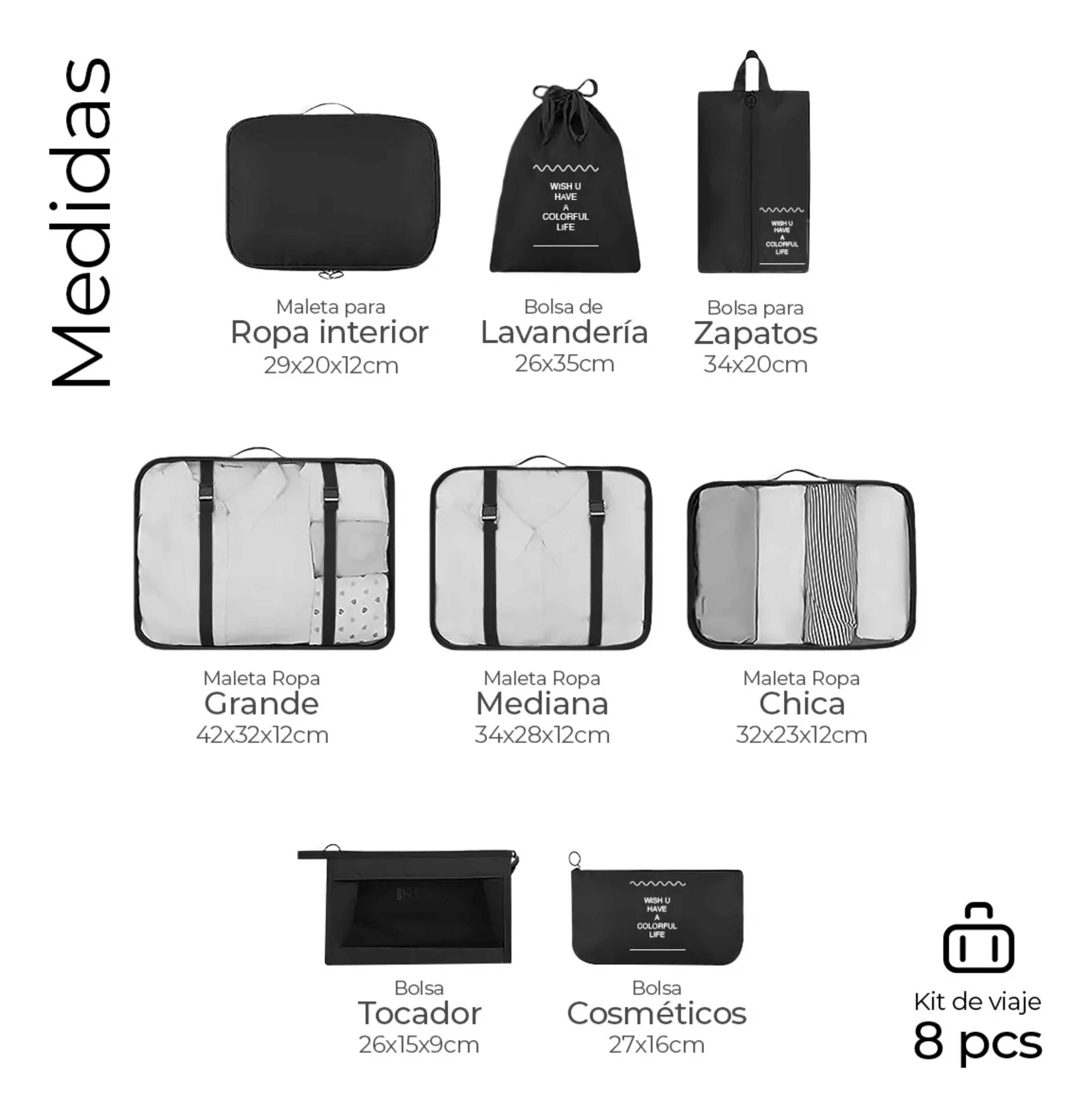  Organizadores De Maletas Para Viaje Raga Impermeable Set 8 Piezas Color Negro Marca Kwala.