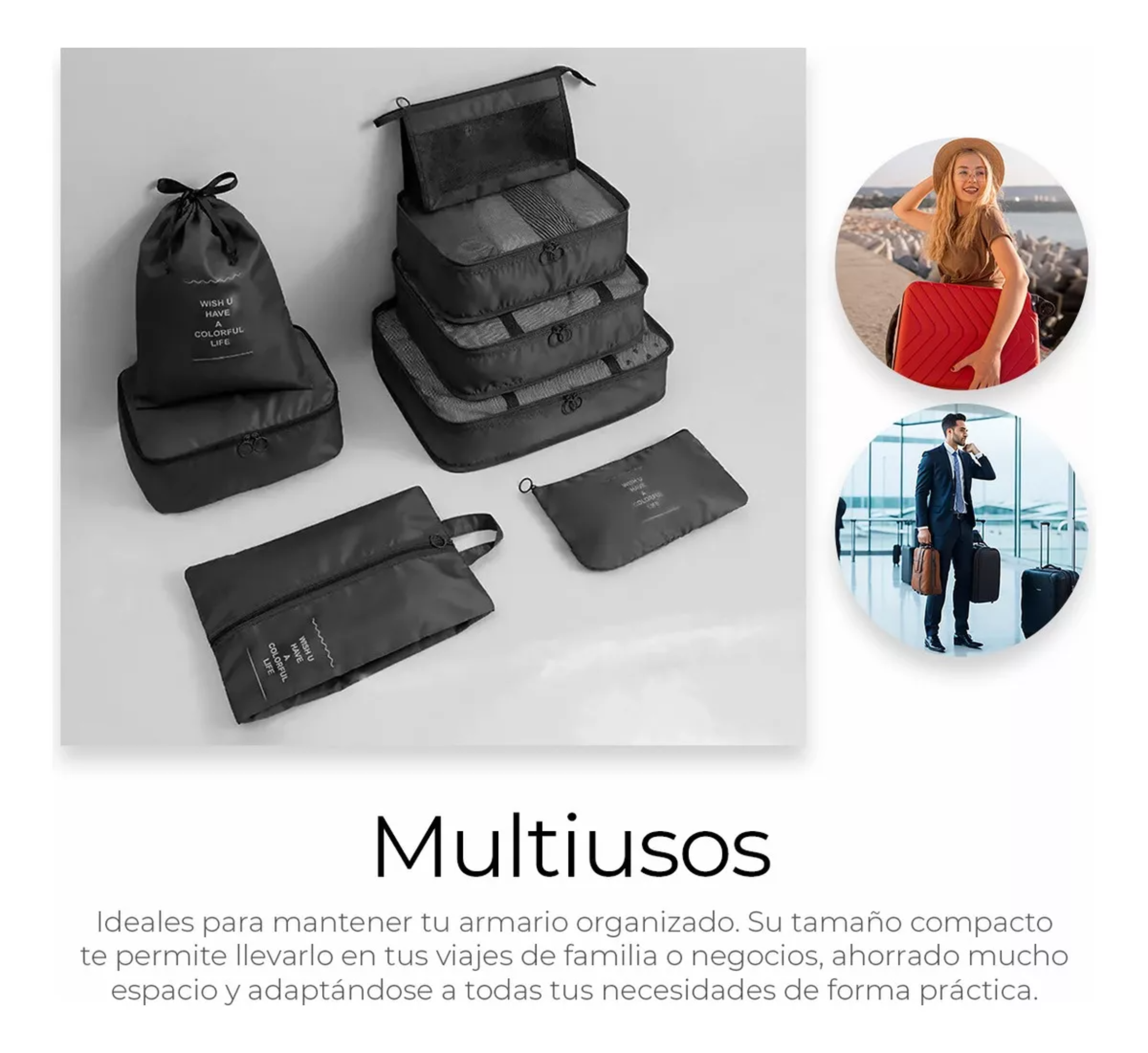  Organizadores De Maletas Para Viaje Raga Impermeable Set 8 Piezas Color Negro Marca Kwala.