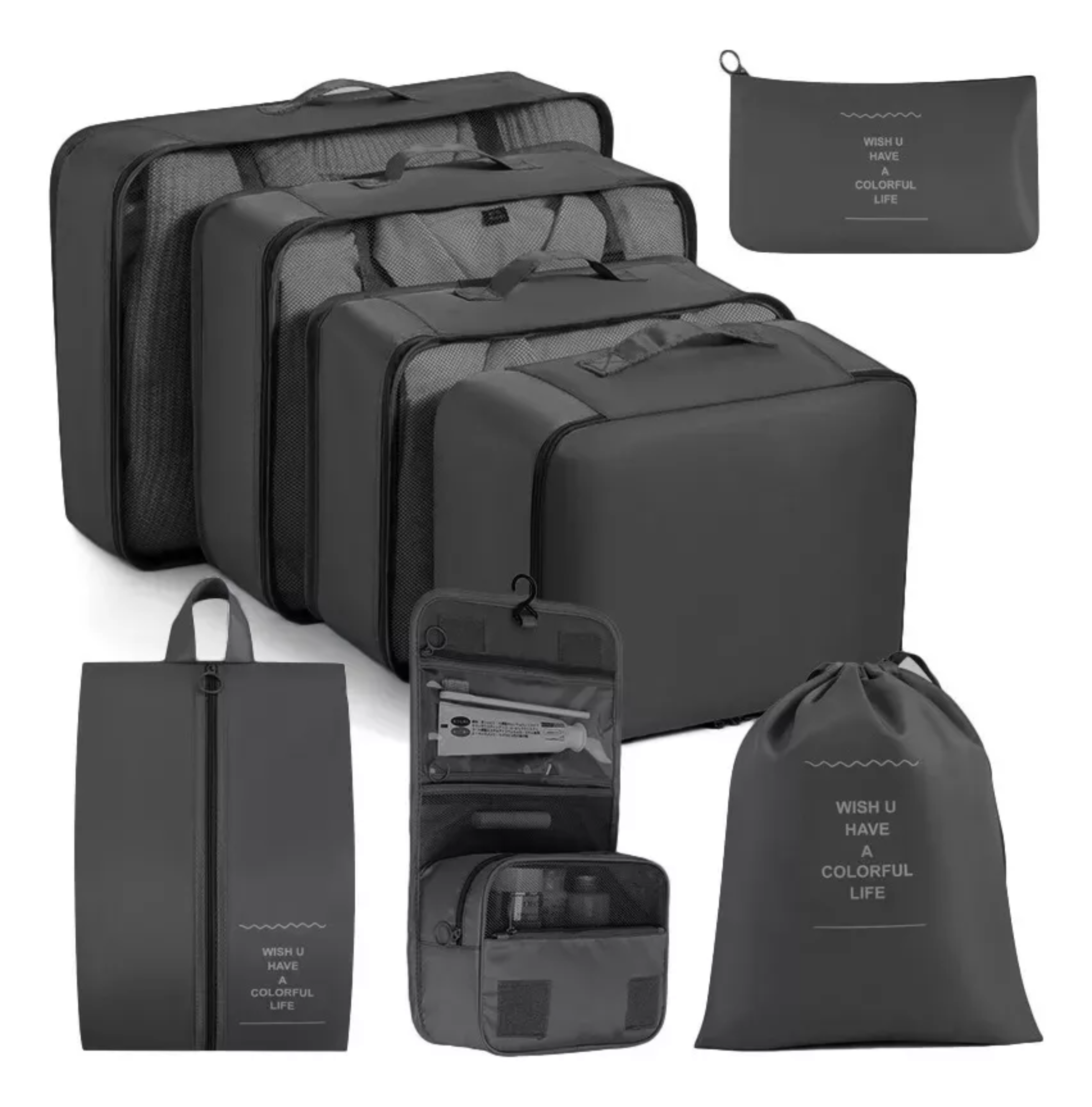  Organizadores De Maletas Para Viaje Raga Impermeable Set 8 Piezas Color Negro Marca Kwala.