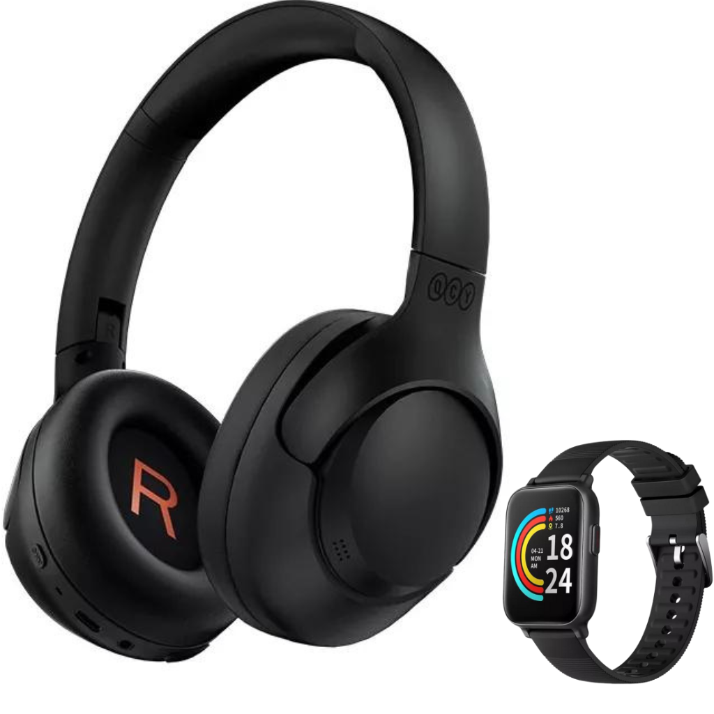 Combo de Audífonos Inalámbricos Bluetooth QCY H3, Diadema Plegables. NEGRO + Reloj inteligente 1More.