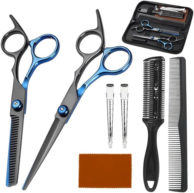 Tijeras de Peluquería, Tijeras para Cortar Cabello Profesional con Peine de Afeitar, Set Tijeras de Pelo Acero Inoxidable con Capa de Barbero y Clips, Tijeras Entresacar Peluquería para Hombres y Mujeres, Herramientas de Peluquero para Hogar y Salón.