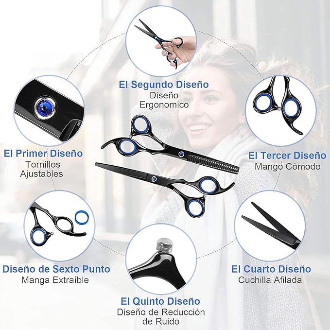 Tijeras de Peluquería, Tijeras para Cortar Cabello Profesional con Peine de Afeitar, Set Tijeras de Pelo Acero Inoxidable con Capa de Barbero y Clips, Tijeras Entresacar Peluquería para Hombres y Mujeres, Herramientas de Peluquero para Hogar y Salón.