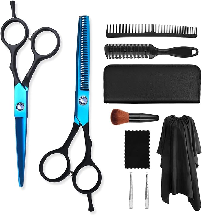 Tijeras de Peluquería, Tijeras para Cortar Cabello Profesional con Peine de Afeitar, Set Tijeras de Pelo Acero Inoxidable con Capa de Barbero y Clips, Tijeras Entresacar Peluquería para Hombres y Mujeres, Herramientas de Peluquero para Hogar y Salón.