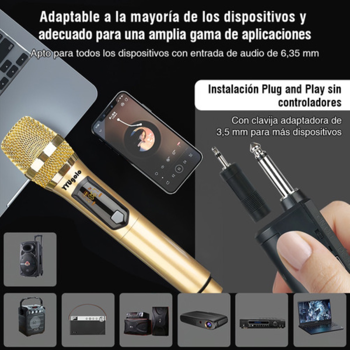 Universal Micrófono Inalámbrico Profesional Karaoke Kit 2pcs dorado