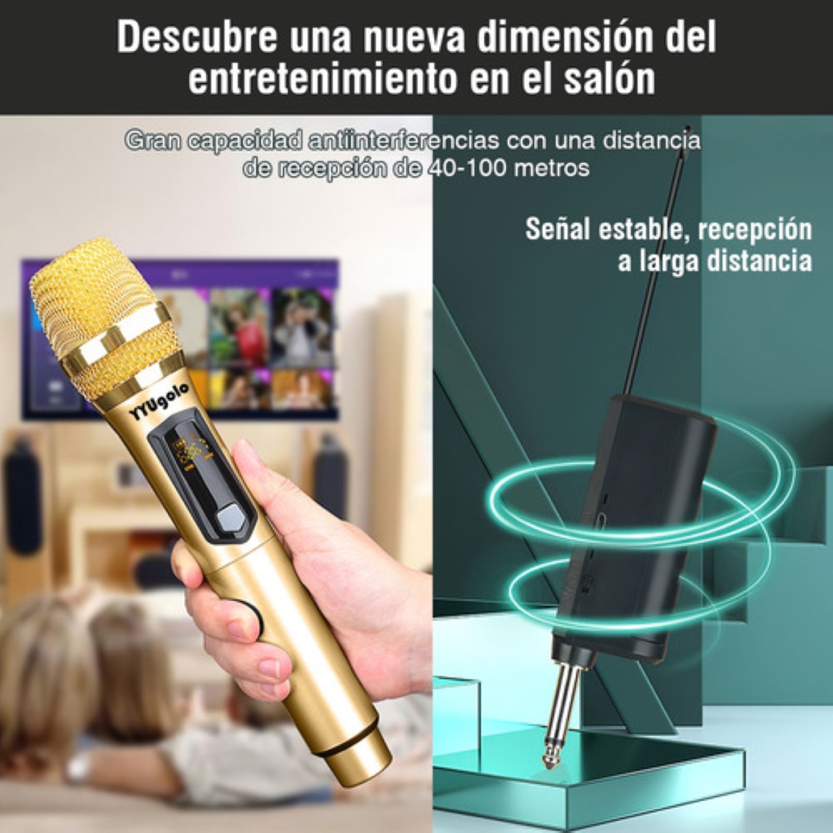Universal Micrófono Inalámbrico Profesional Karaoke Kit 2pcs dorado