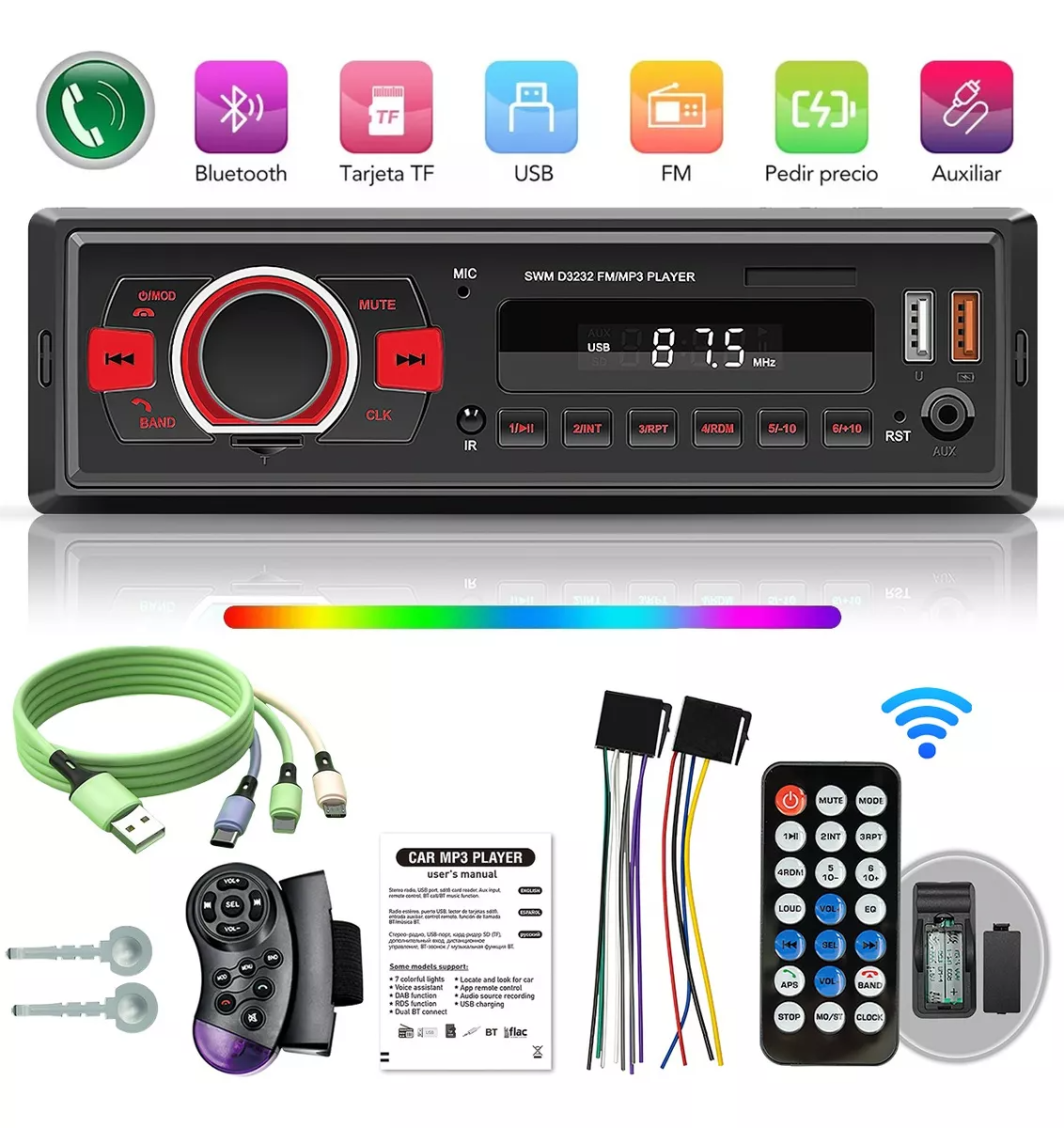 Auto Estereo Coche Reproductor Mp3 Radio Con Bt Aux 2usb Sd.