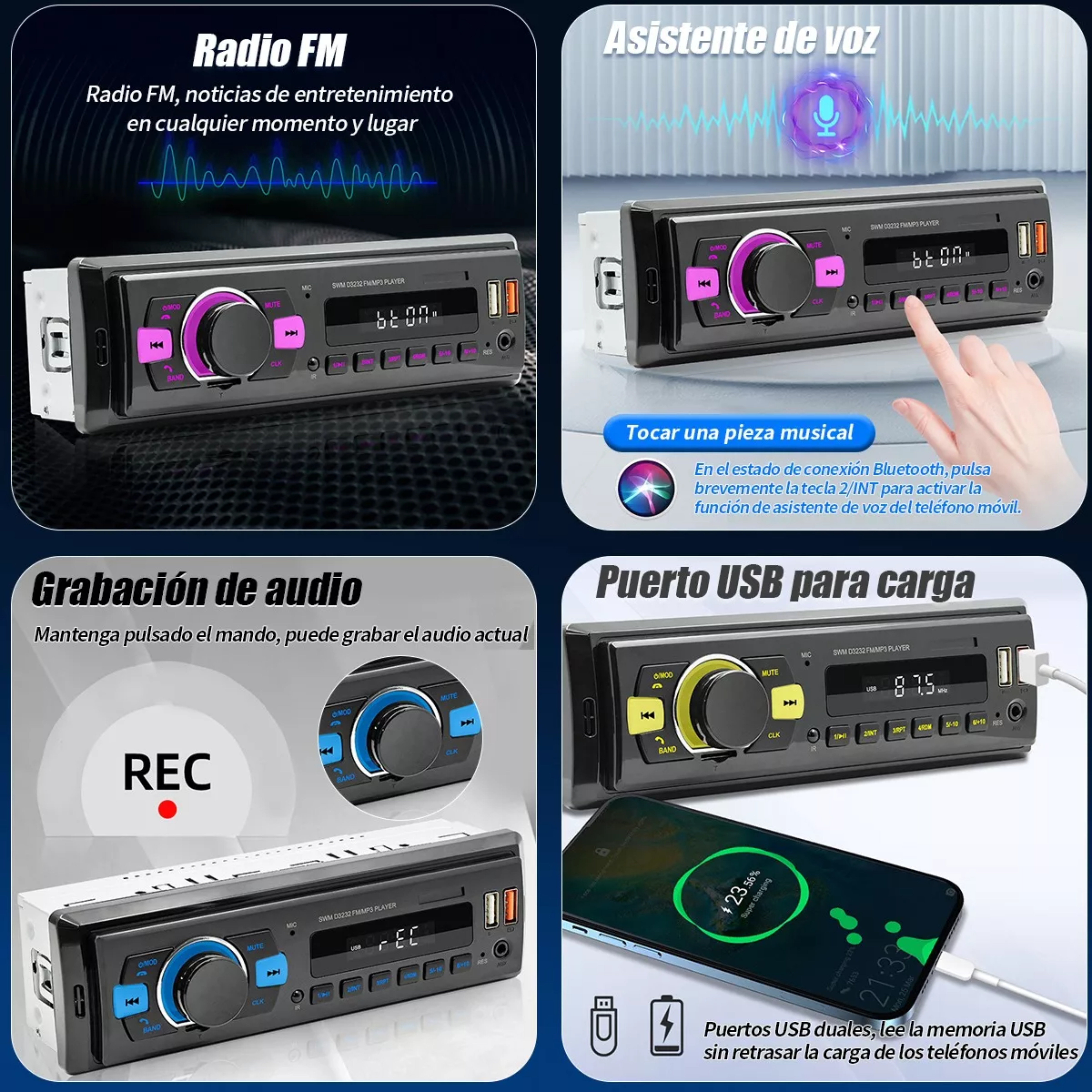 Auto Estereo Coche Reproductor Mp3 Radio Con Bt Aux 2usb Sd.