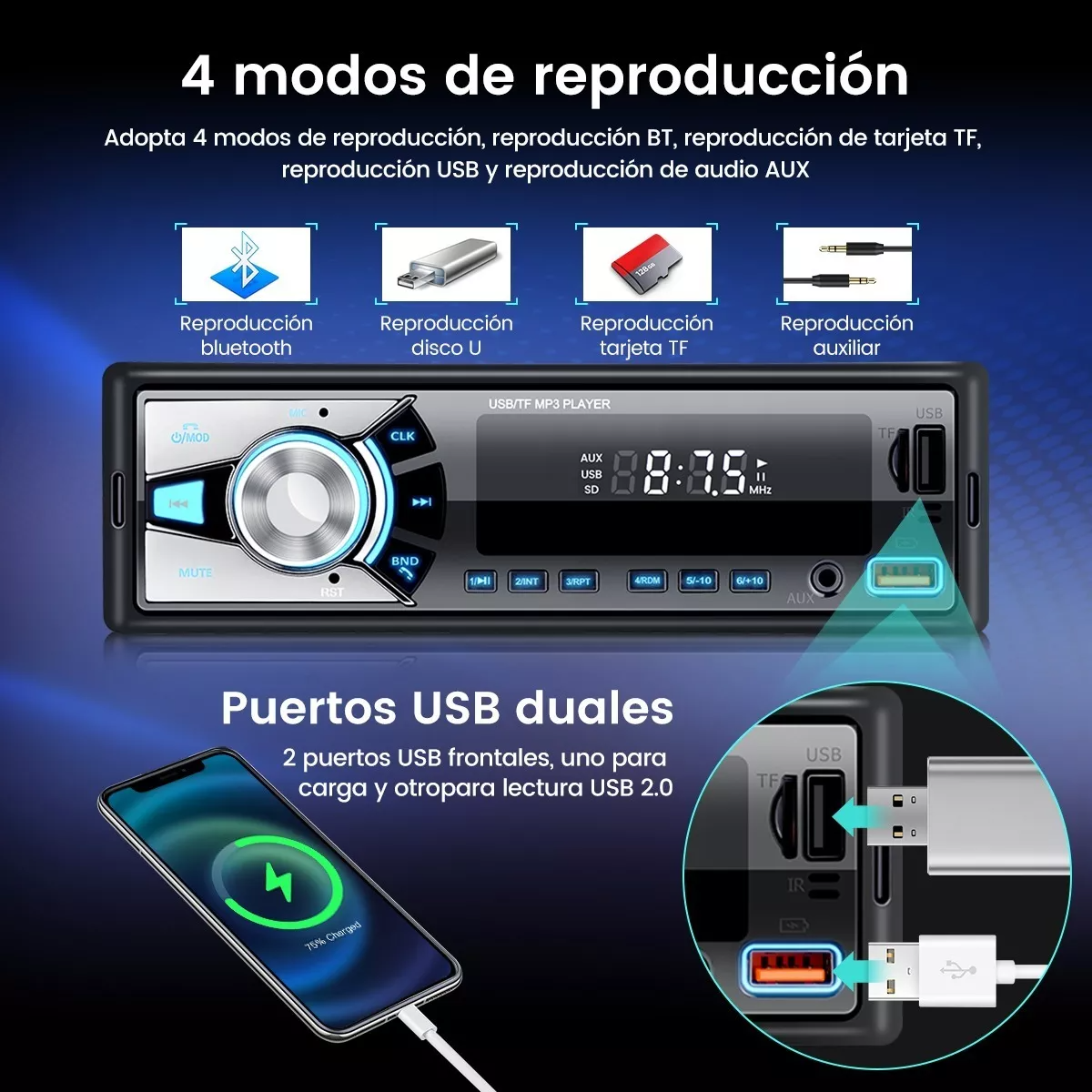 Auto Estereo Coche Reproductor Mp3 Radio Con Bt Aux Usb Sd.