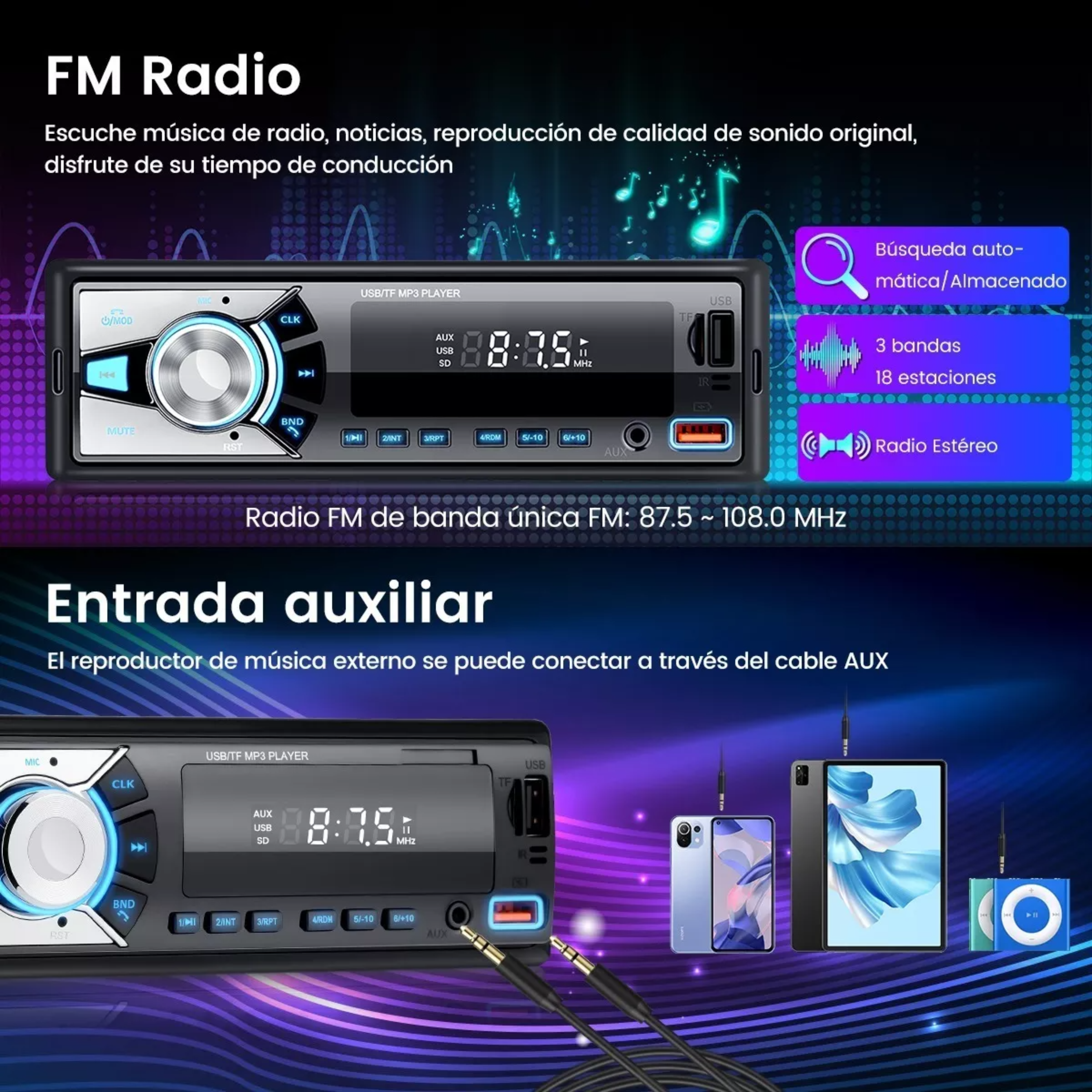 Auto Estereo Coche Reproductor Mp3 Radio Con Bt Aux Usb Sd.