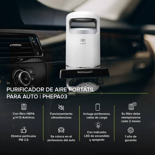 Avera Purificador De Aire Portatil Auto Filtro Hepa Phepa03 Color Blanco.