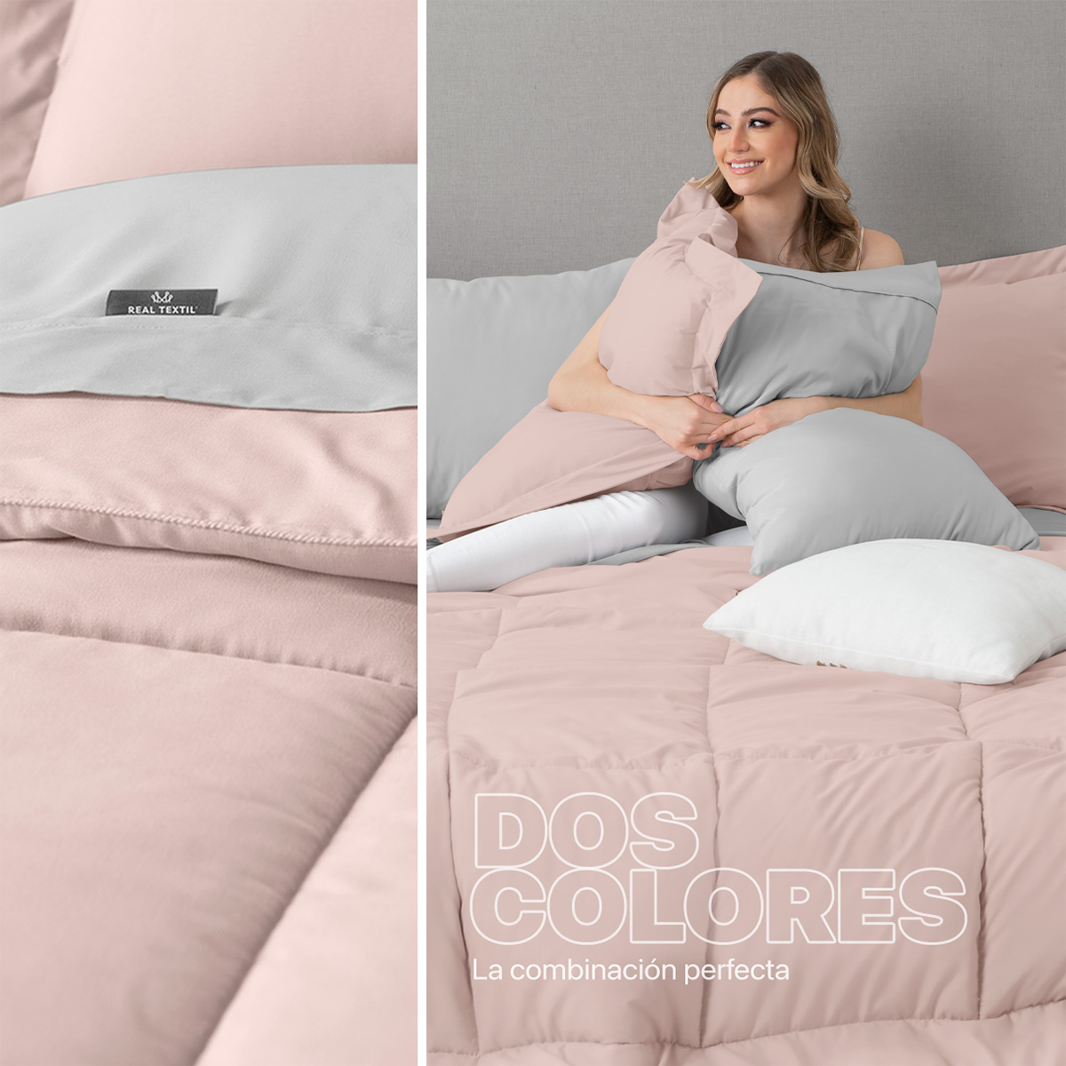 Set Edredón Matrimonial con Fundas y Sábanas 7 Pzas  Rosa/Gris Real Textil