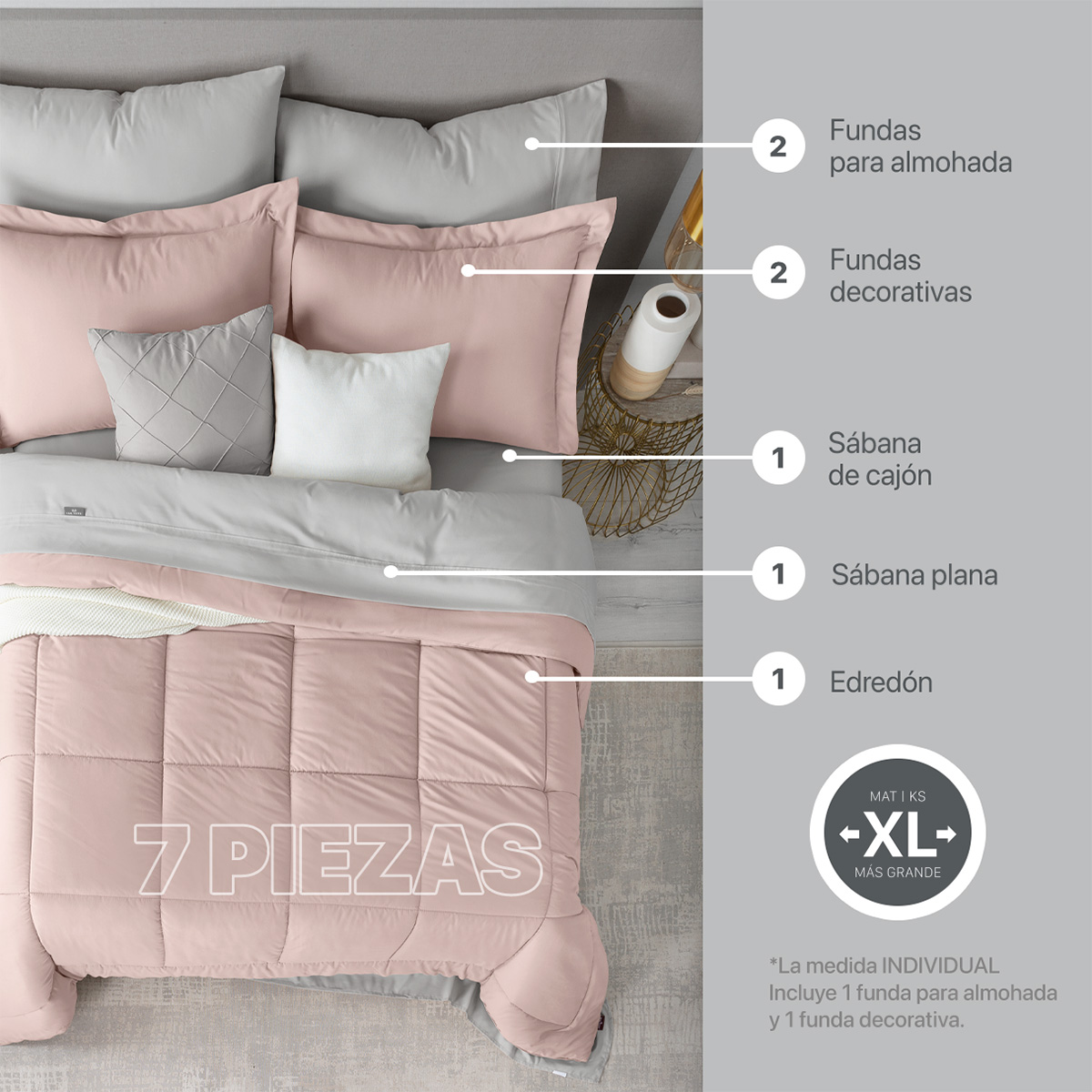 Set Edredón Matrimonial con Fundas y Sábanas 7 Pzas  Rosa/Gris Real Textil
