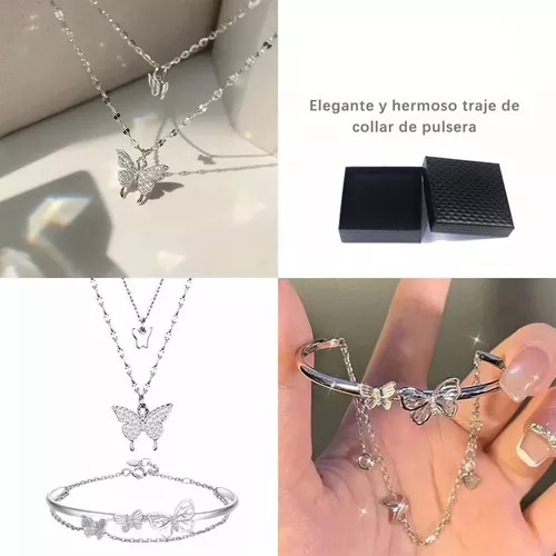 Collar De Cadena Doble Mariposas Brillantes Pulsera Mujer.
