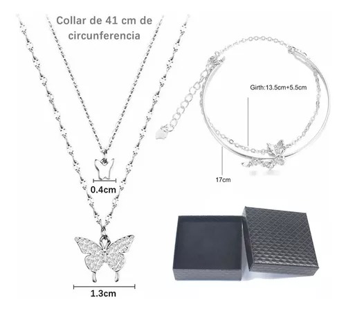 Collar De Cadena Doble Mariposas Brillantes Pulsera Mujer.