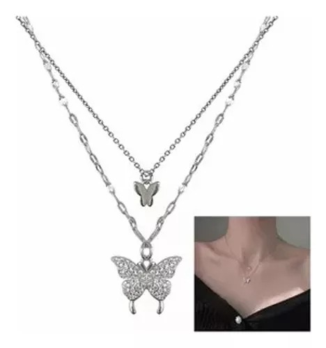 Collar De Cadena Doble Mariposas Brillantes Pulsera Mujer.