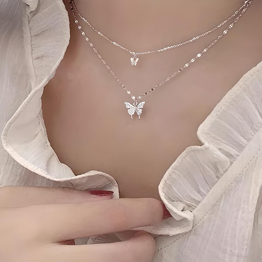 Collar De Cadena Doble Mariposas Brillantes Pulsera Mujer.