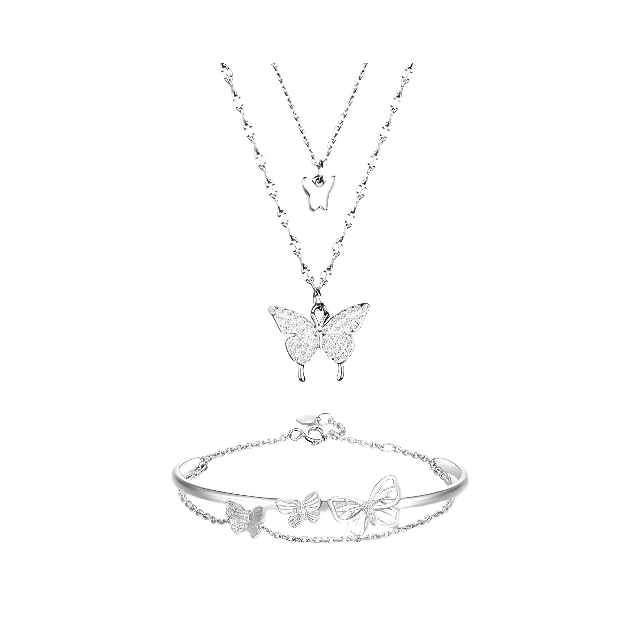 Collar De Cadena Doble Mariposas Brillantes Pulsera Mujer.
