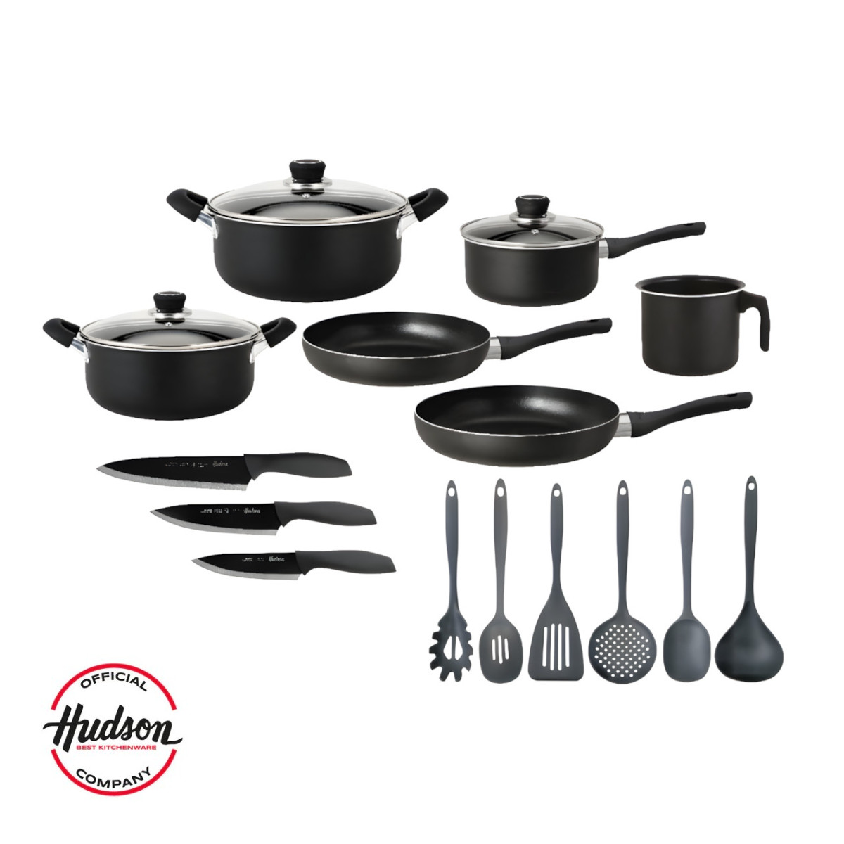 Batería Cocina HUDSON 18 piezas aluminio antihaderente negro.