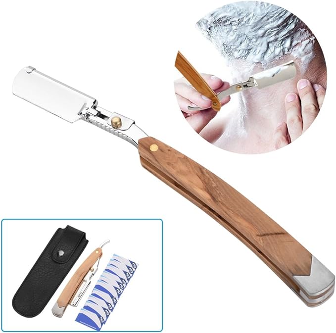 Navaja para Afeitar, Navajas para Afeitar, Porta Navajas de Barbero, Maquinilla de Afeitar Maquinilla de Afeitar de Seguridad con Mango de Madera de Diseño Plegable con 10 piezas de Cabeza de Navaja.