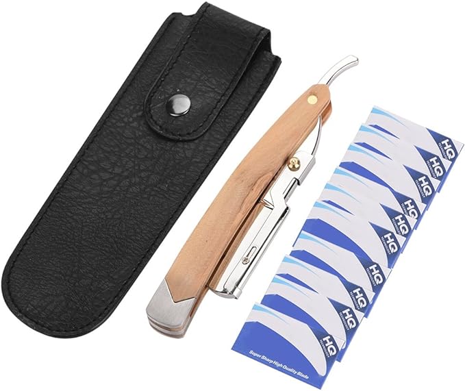 Navaja para Afeitar, Navajas para Afeitar, Porta Navajas de Barbero, Maquinilla de Afeitar Maquinilla de Afeitar de Seguridad con Mango de Madera de Diseño Plegable con 10 piezas de Cabeza de Navaja.
