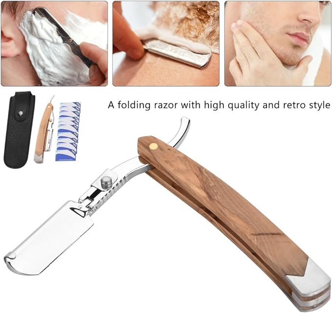 Navaja para Afeitar, Navajas para Afeitar, Porta Navajas de Barbero, Maquinilla de Afeitar Maquinilla de Afeitar de Seguridad con Mango de Madera de Diseño Plegable con 10 piezas de Cabeza de Navaja.