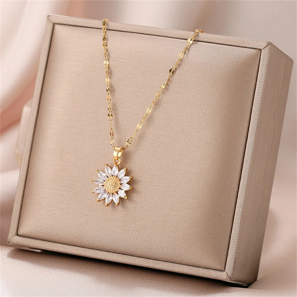 Collar Colgante Zirconia Girasol Mujer Cadena Inoxidable Joyería Fiesta Boda Verano Regalo.