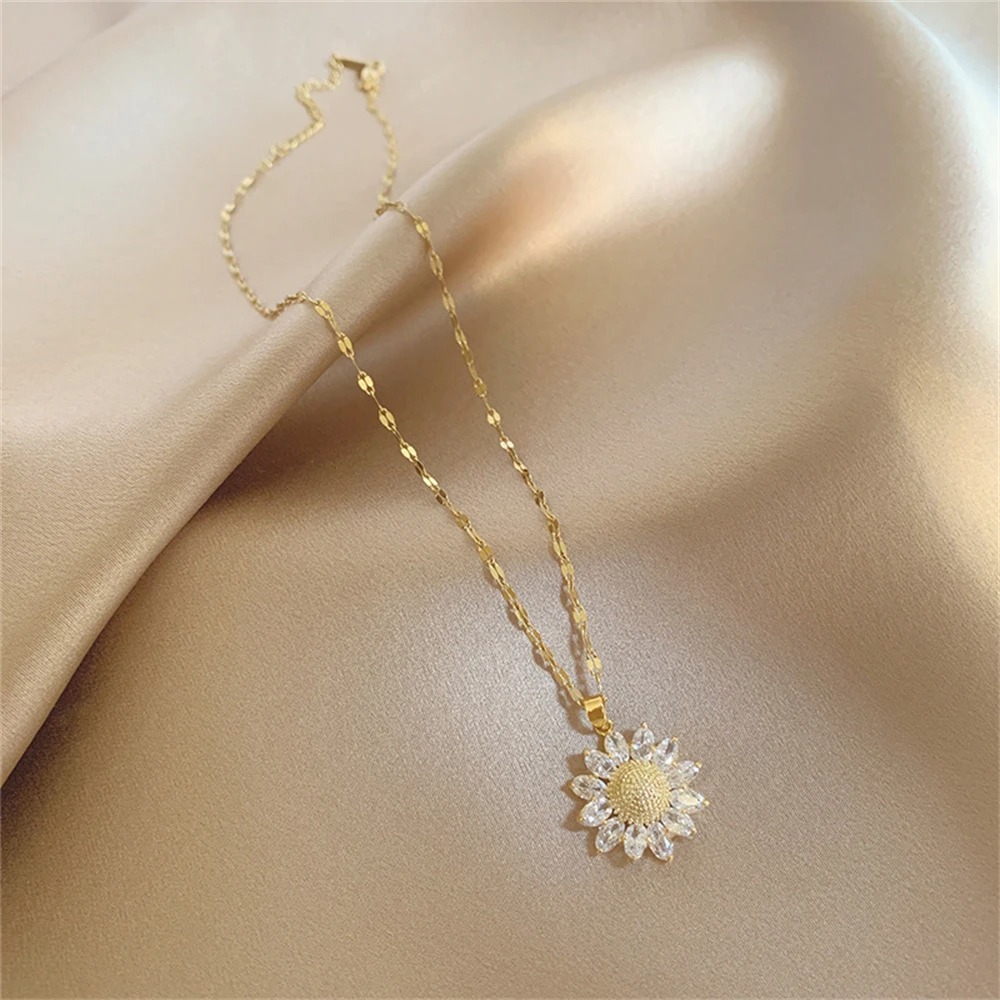 Collar Colgante Zirconia Girasol Mujer Cadena Inoxidable Joyería Fiesta Boda Verano Regalo.