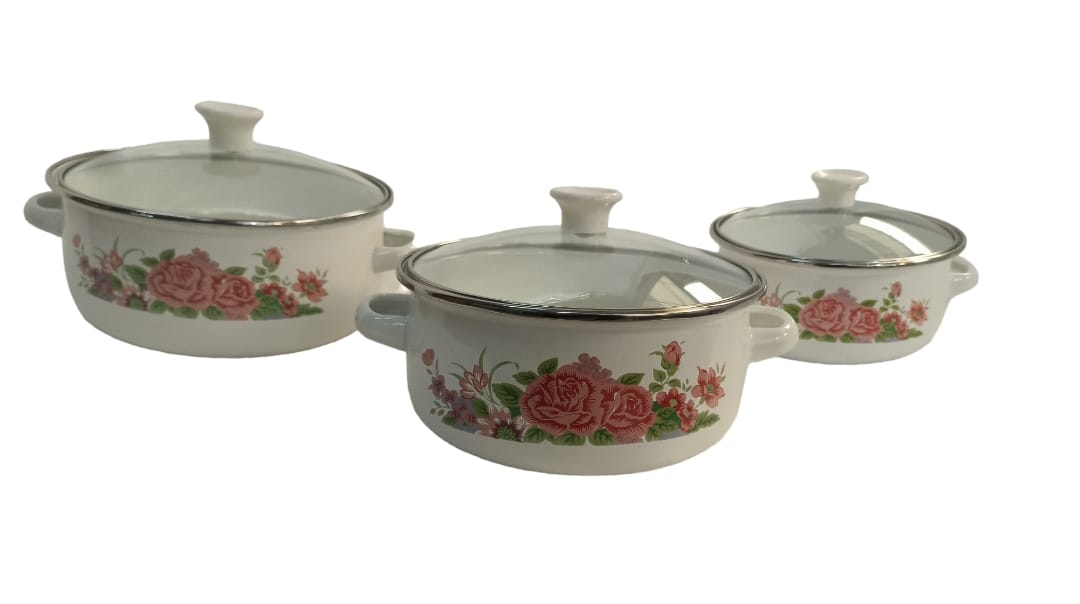 Set de 3 Ollas Peltre con tapa de cristal, Juego de 6 piezas Z477 HOT SPOT.