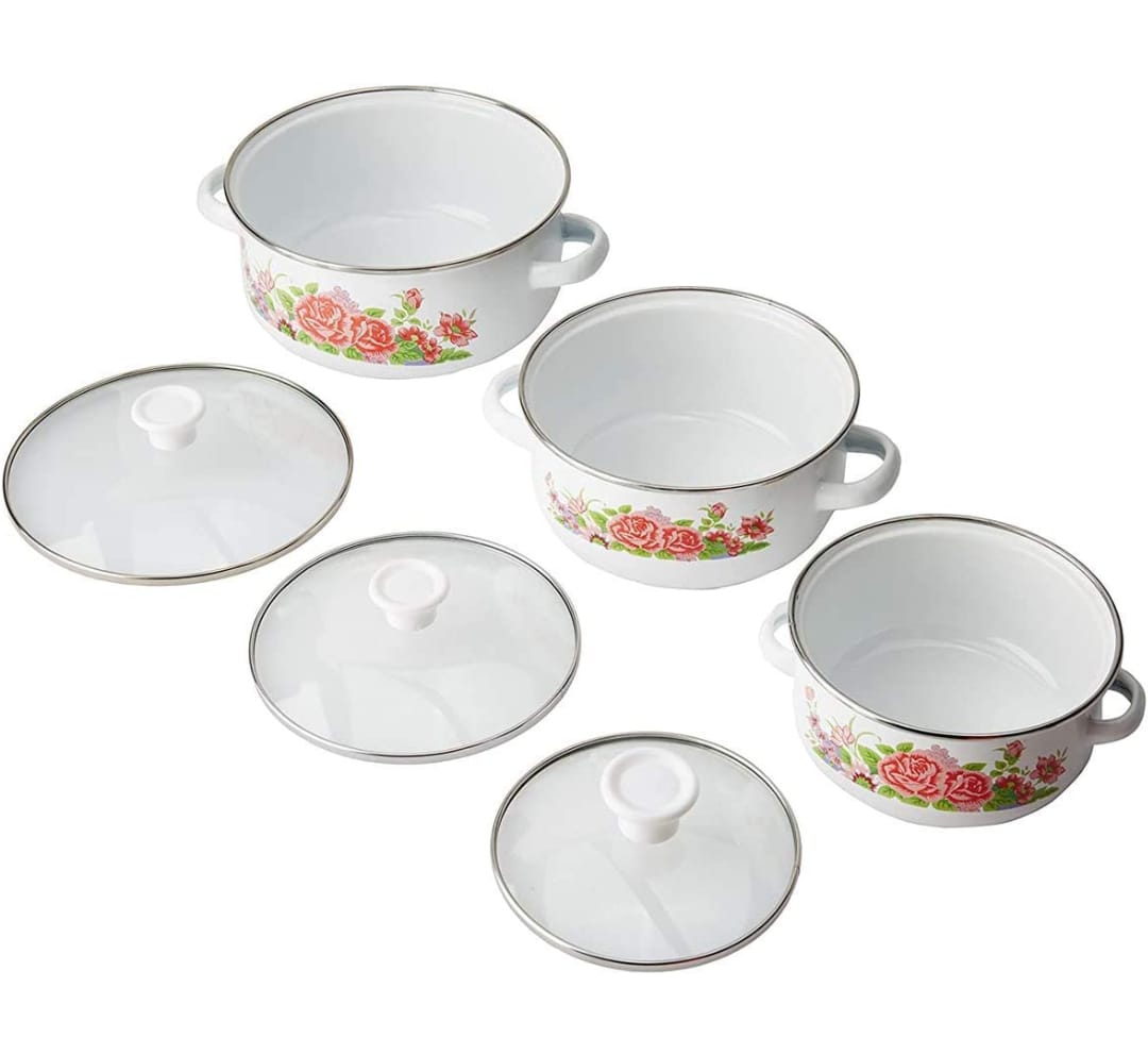 Set de 3 Ollas Peltre con tapa de cristal, Juego de 6 piezas Z477 HOT SPOT.
