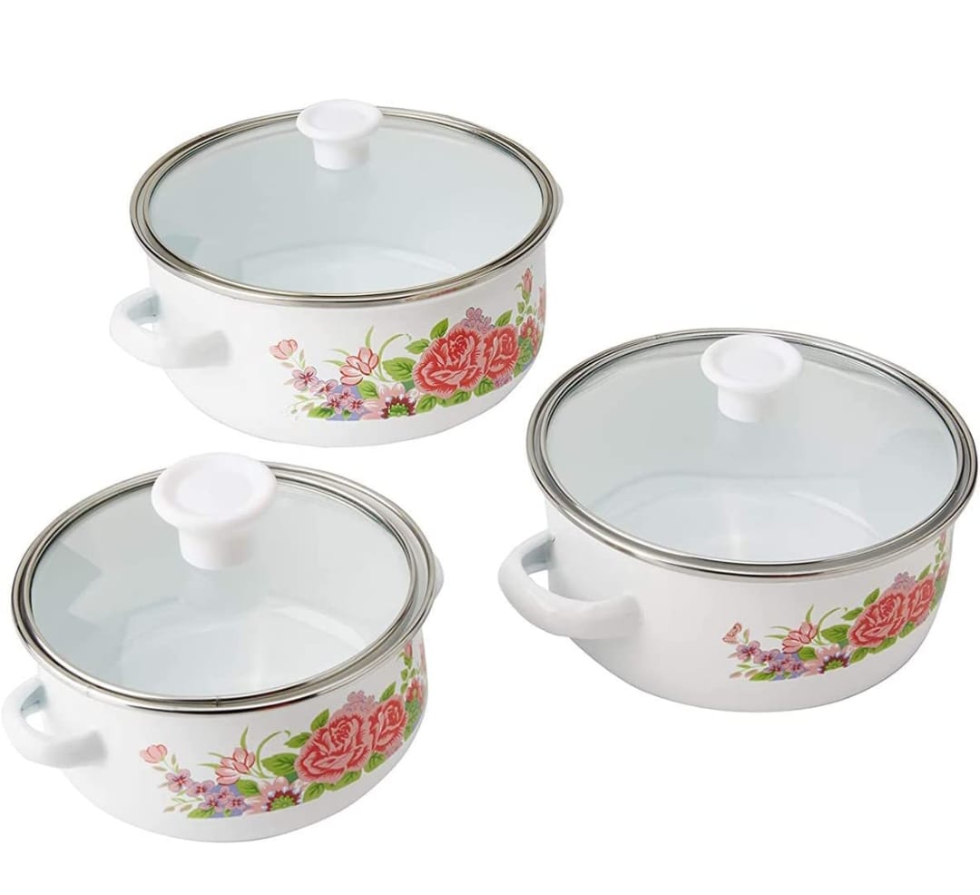 Set de 3 Ollas Peltre con tapa de cristal, Juego de 6 piezas Z477 HOT SPOT.